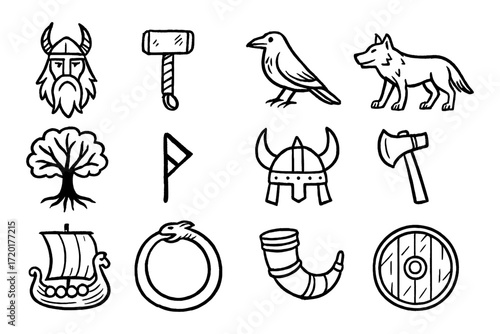 Viking icon set featuring norse symbols and mythical creatures in hand-drawn style