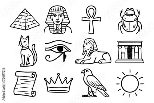 Ancient egyptian symbols: pharaohs, sphinx, ankh, and hieroglyphs in hand drawn style