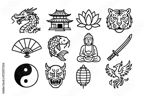 Traditional asian symbols collection featuring mythical creatures and cultural icons in bold black outline