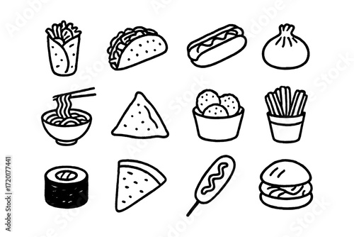 Hand drawn fast food icons collection: asian, mexican, american favorites in black and white