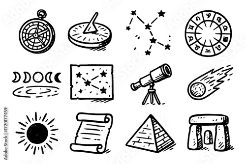 Doodle style astronomy icons: zodiac, constellations, and ancient tools
