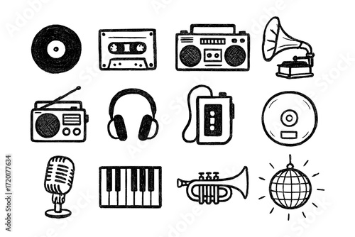 Retro music icons set featuring vinyl, cassette, and boombox in hand drawn style