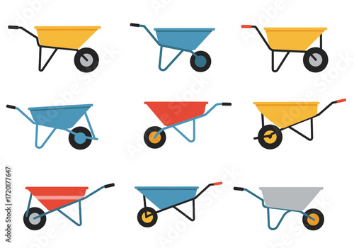A grid displaying nine cartoonstyle wheelbarrows in various colors