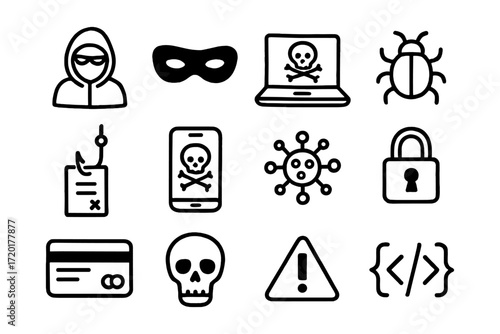 Cybersecurity threats: icons of hacking, malware, and online safety