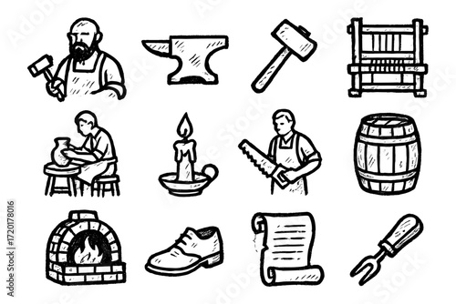 Rustic craftsmanship hand-drawn icons: blacksmithing, pottery, carpentry, and traditional tools