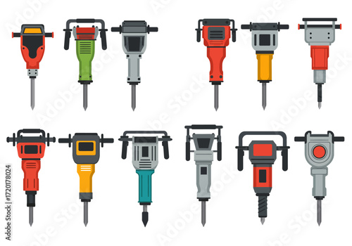 Array of jackhammers in various colors  designs arranged in two rows