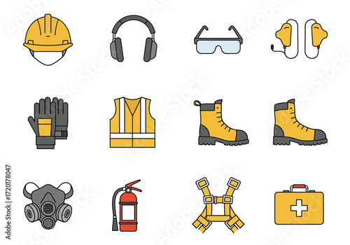 Array of twelve icons depicting industrial safety equipment with distinct yellow and grey colors