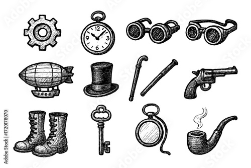 Vintage steampunk objects in hand-drawn style: gadgets and accessories collection