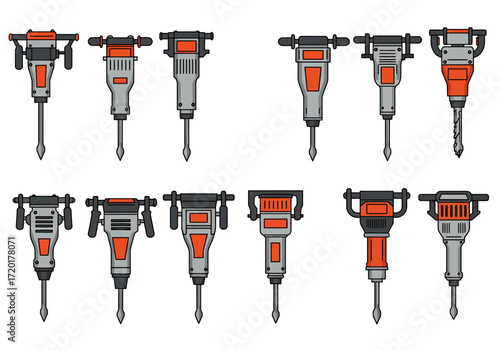 Array of ten distinct jackhammers tools shown with unique designs and color schemes