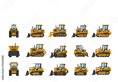 Array of yellow bulldozers various anglespositions arranged in a 3x5 grid on a plain white background