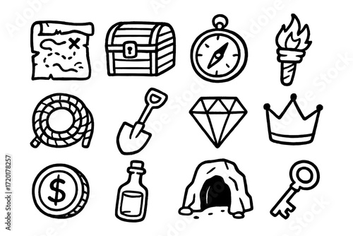 Adventure icons set: treasure map, chest, compass, torch, key, and more