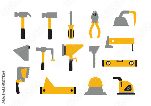 Construction tools in yellow and gray hues are arranged on a white background