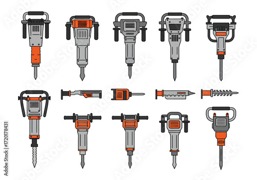 Eleven stylized jackhammers in gray and orange are arranged against a white background