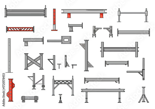 Engineering sketches show various metal structural support components