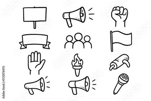 Doodle protest icons with megaphone, banner, and symbols of activism