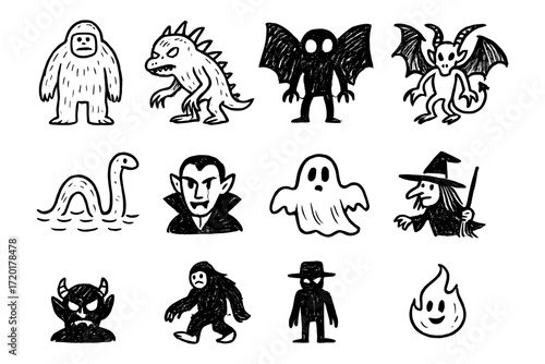 Collection of hand drawn halloween creatures: monsters, ghosts, and mythical beings