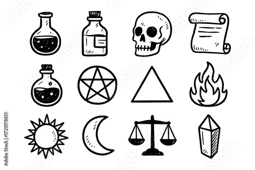 Mystical black and white doodle elements featuring skulls, flasks, and symbols