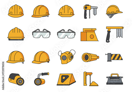 Illustration of assorted construction and safety equipment in yellow and gray on a white background