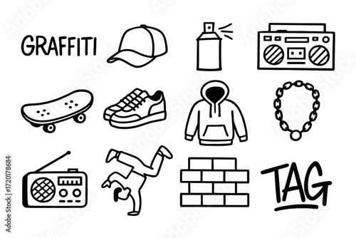 Urban culture icons: graffiti, hip hop, breakdance, and fashion
