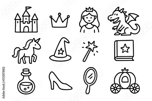 Whimsical fairytale icons: castle, princess, dragon, unicorn, and more