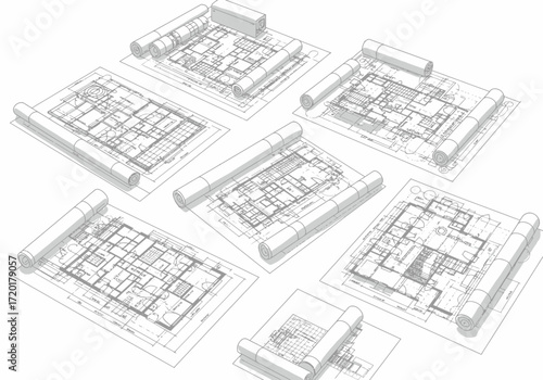 Seven grey rolled building plans lie on a white surface with visible shadows