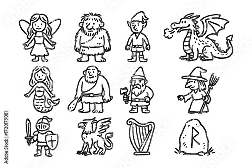 Charming fantasy doodles of magical creatures and characters