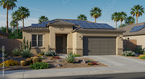 Modern desert home with solar panels and drought tolerant landscaping under blue sky