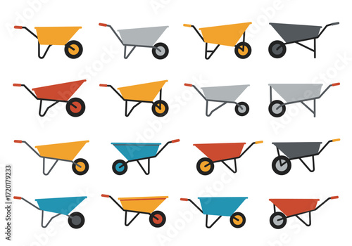 Sixteen wheelbarrows of different colors are arranged in a grid pattern
