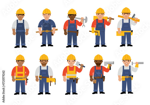Ten construction workers in overalls and hard hats are holding various tools