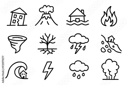 Outline icons of natural disasters: earthquake, volcano, flood, fire, tornado, and more