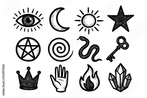 Mystical symbols: hand drawn eye, sun, moon, pentagram, and more in grunge style