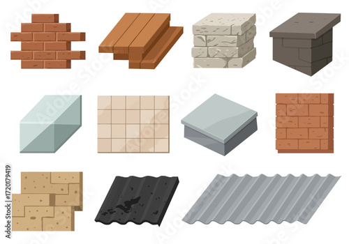 Various building materials are displayed as flat vector illustrations