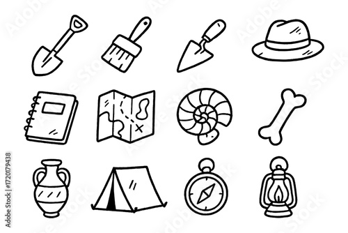 Hand drawn archeology and exploration icons set with tools and artifacts