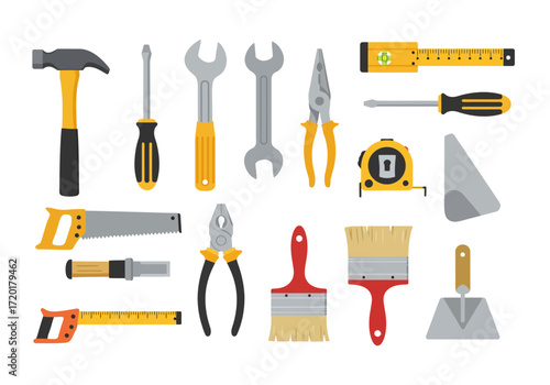 Various tools arranged including a hammer screwdrivers wrenches pliers tape measure level saw brushes and a trowel