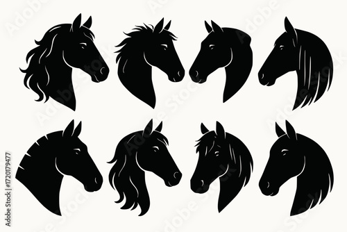 Black Horse Head Silhouettes in Minimal Vector Style with Breed and Mane Variations