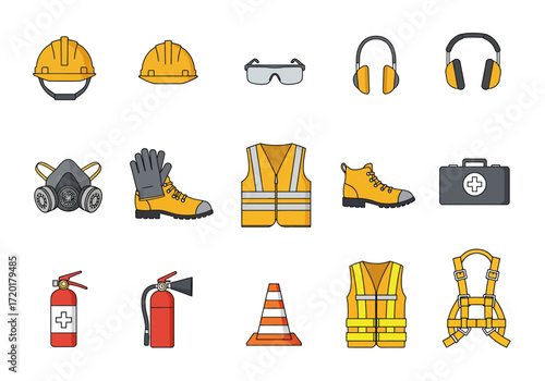 Workplace safety icons show gear helmets vests boots masks and extinguishers