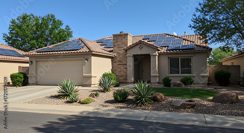Modern suburban home with solar panels on the roof and drought tolerant landscaping