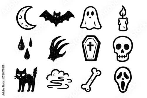Halloween doodle set with ghost, skull, black cat, and more spooky elements