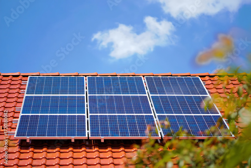 Modern solar panels installed on a terracotta tiled roof under a clear blue sky with scattered clouds