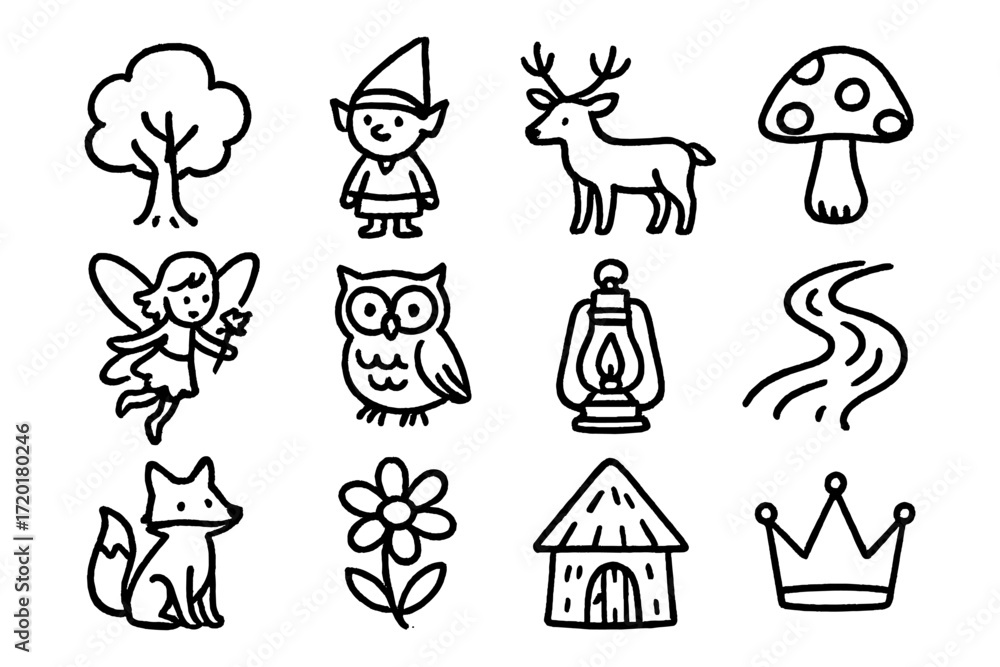 Naklejka premium Whimsical forest doodles: hand-drawn magical creatures and nature elements