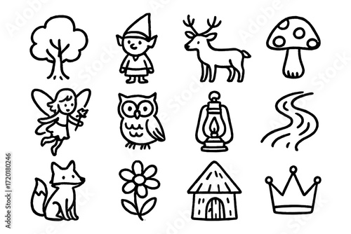 Whimsical forest doodles: hand-drawn magical creatures and nature elements