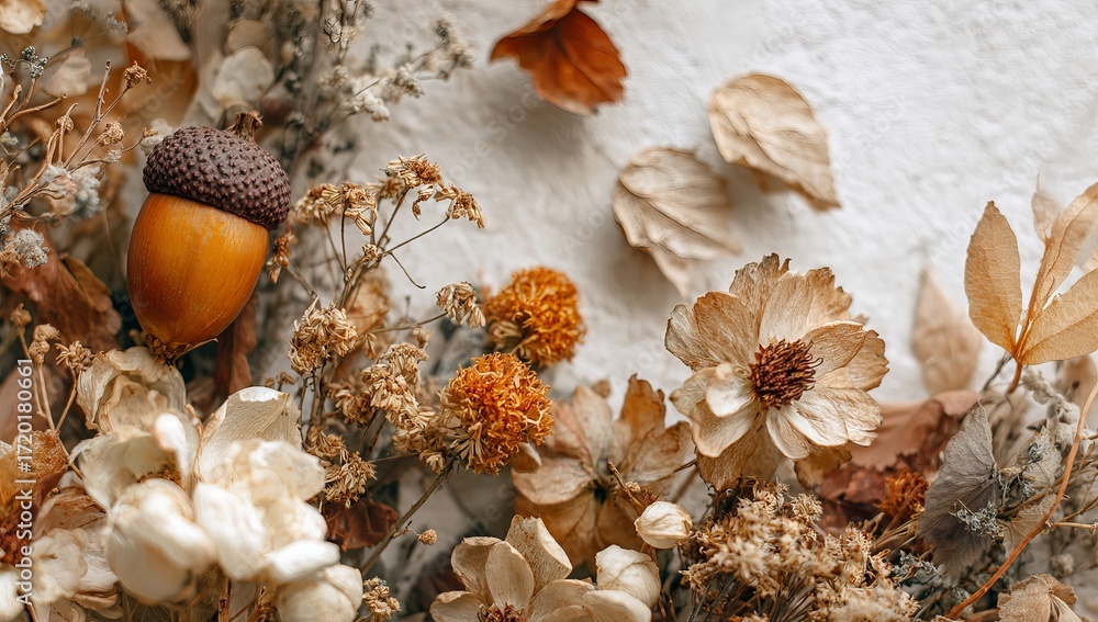 Fototapeta premium a wall covered in dried flowers and wildflowers, with a white background, muted tones, low contrast, and a vintage aesthetic, evoking autumn vibes. 