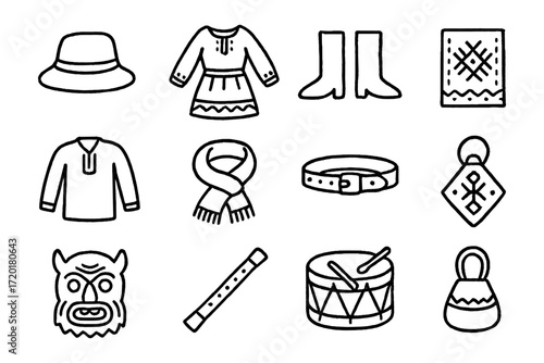 Traditional fashion and accessories in simple black outline style