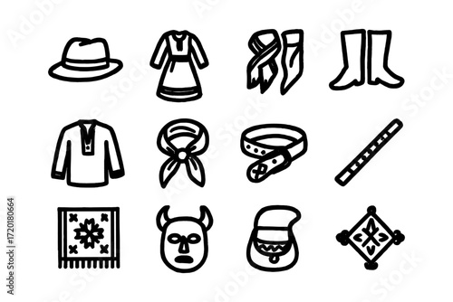 Traditional fashion and accessories icons in bold outline style