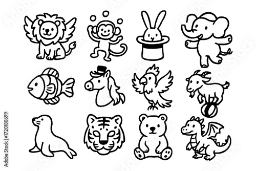 Charming cartoon zoo and circus animals collection with playful outlines