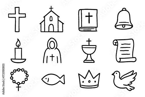 Hand drawn religious symbols collection: cross, bible, church, and more