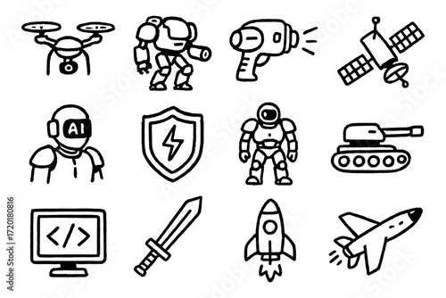 Futuristic technology and robotics icons in hand-drawn style