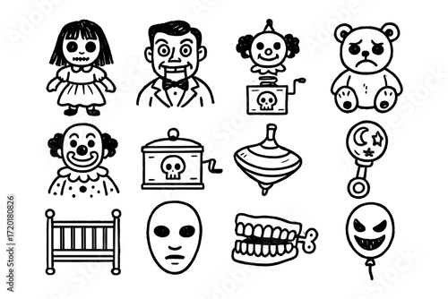 Creepy toys and masks: spooky black and white halloween doodles collection