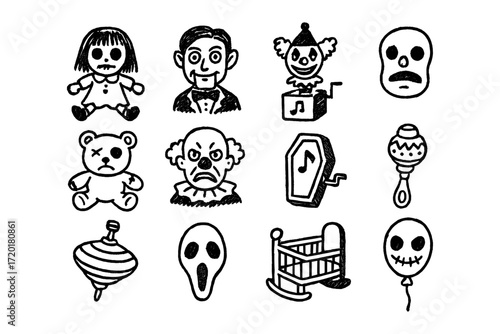 Creepy toys and faces: hand-drawn halloween icons for spooky designs