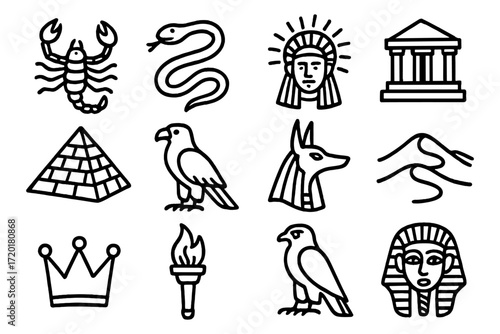 Ancient egyptian icons: linear style with symbols of history and culture